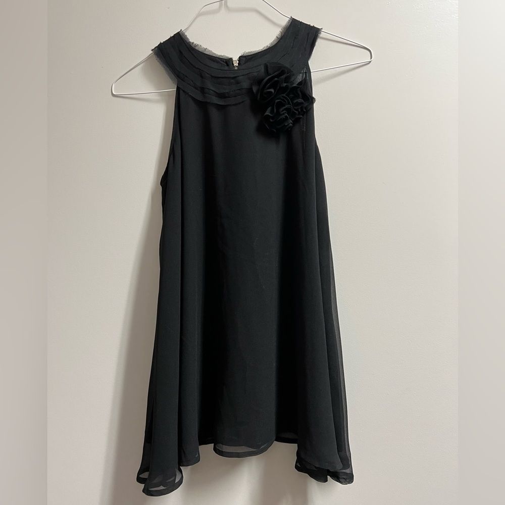 Black Sleeveless Blouse with Flower Ruffle and High Neckline Size Small